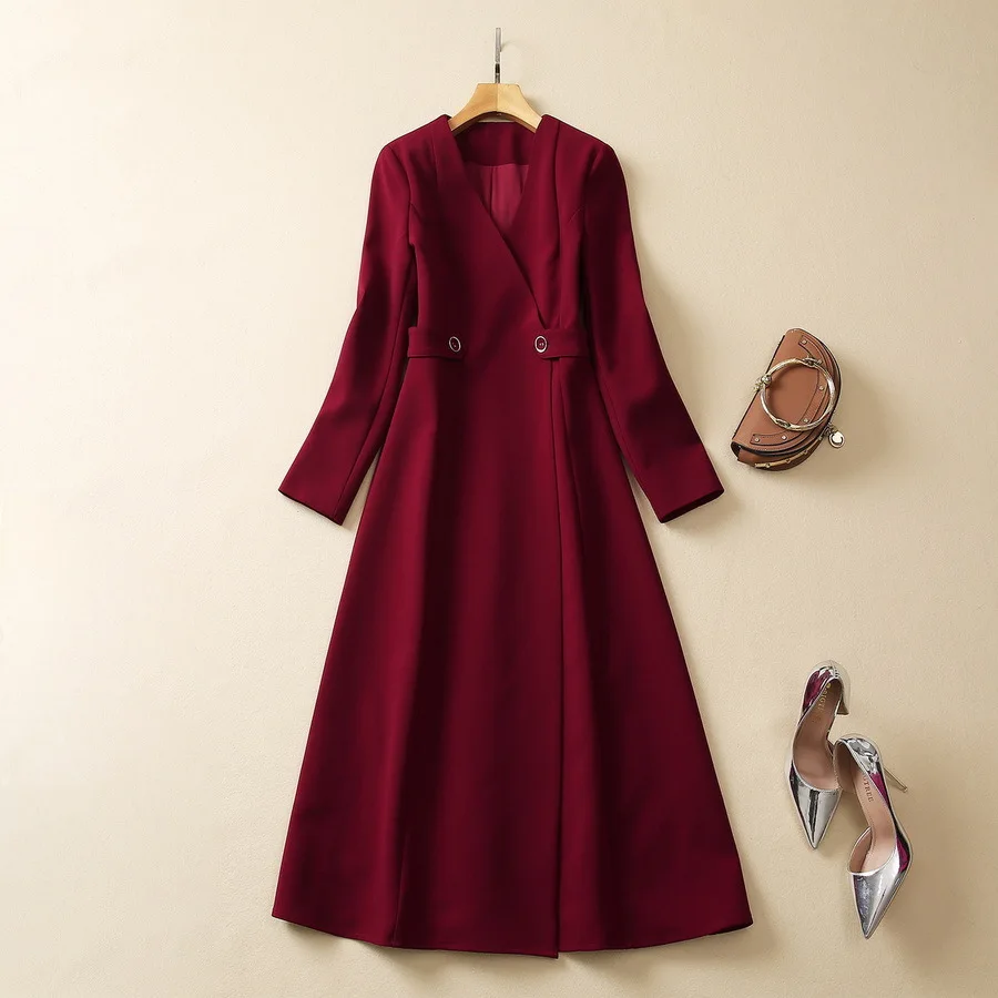 

European and American women's clothing 2023 autumn new style Long sleeve V-neck double breasted fashion Burgundy trench coat XXL