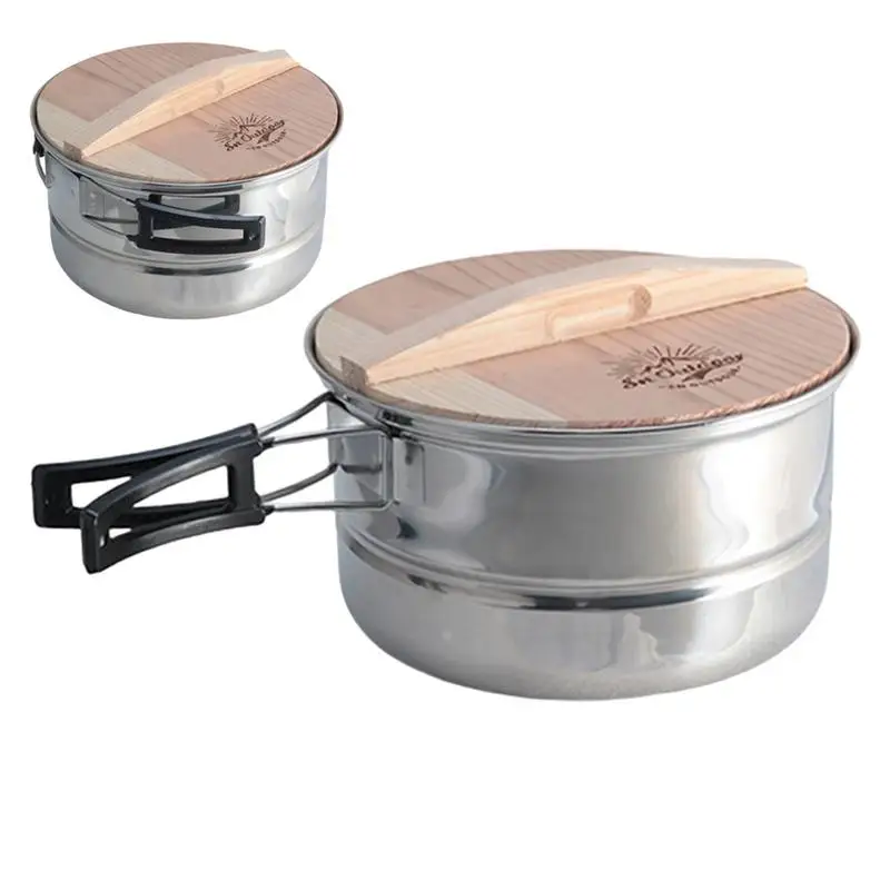 Camping Steamer For Cooking Multi Layer Cooking Pot With Wooden Lid Portable Titanium Pot Multifunctional Vegetable Steamer