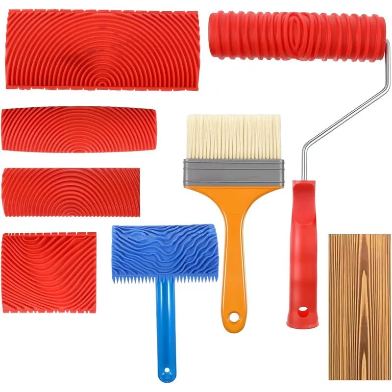 

【HOT ITEMS】Faux Wooden Textured Paint Roller, 7Pcs Wood Grain Tool Set, DIY Rubber Wood Grain Painting Tools, 7.08" For Wall Roo