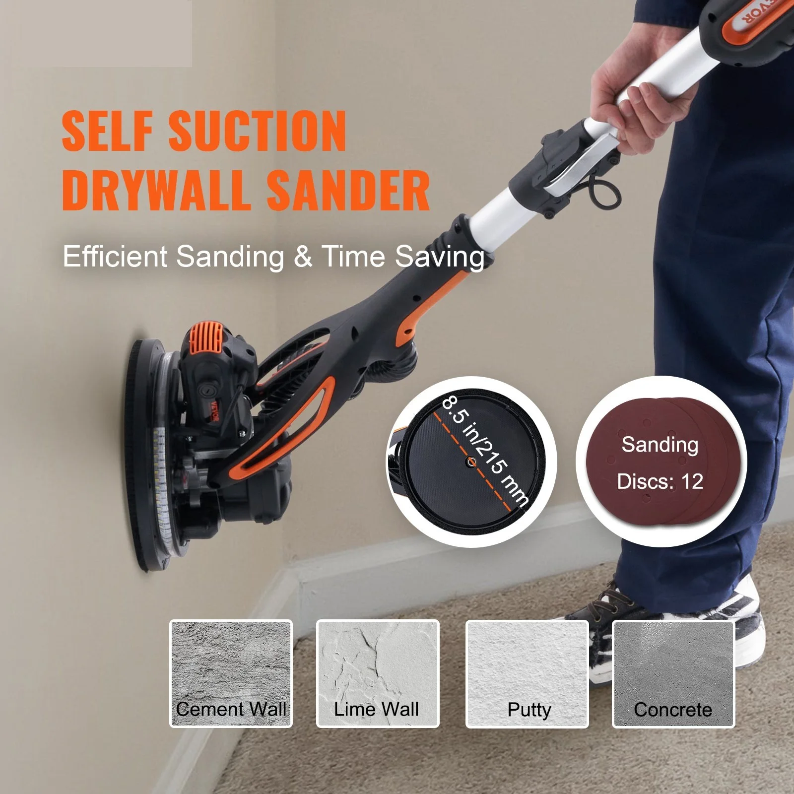 Drywall Sander 850W Brush Motor 800-1800RPM Variable Speed & Self-Suction Brush Motor Wall Grinder Sander