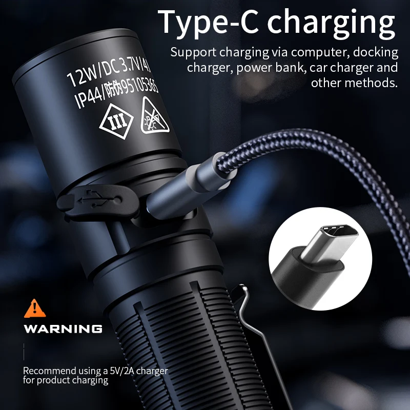 SUPERFIRE A36 High Power EDC Flashlight Type-C Rechargeable 12W Tactical Torch Lamp with Indicator Magnet Tail Camping Lantern