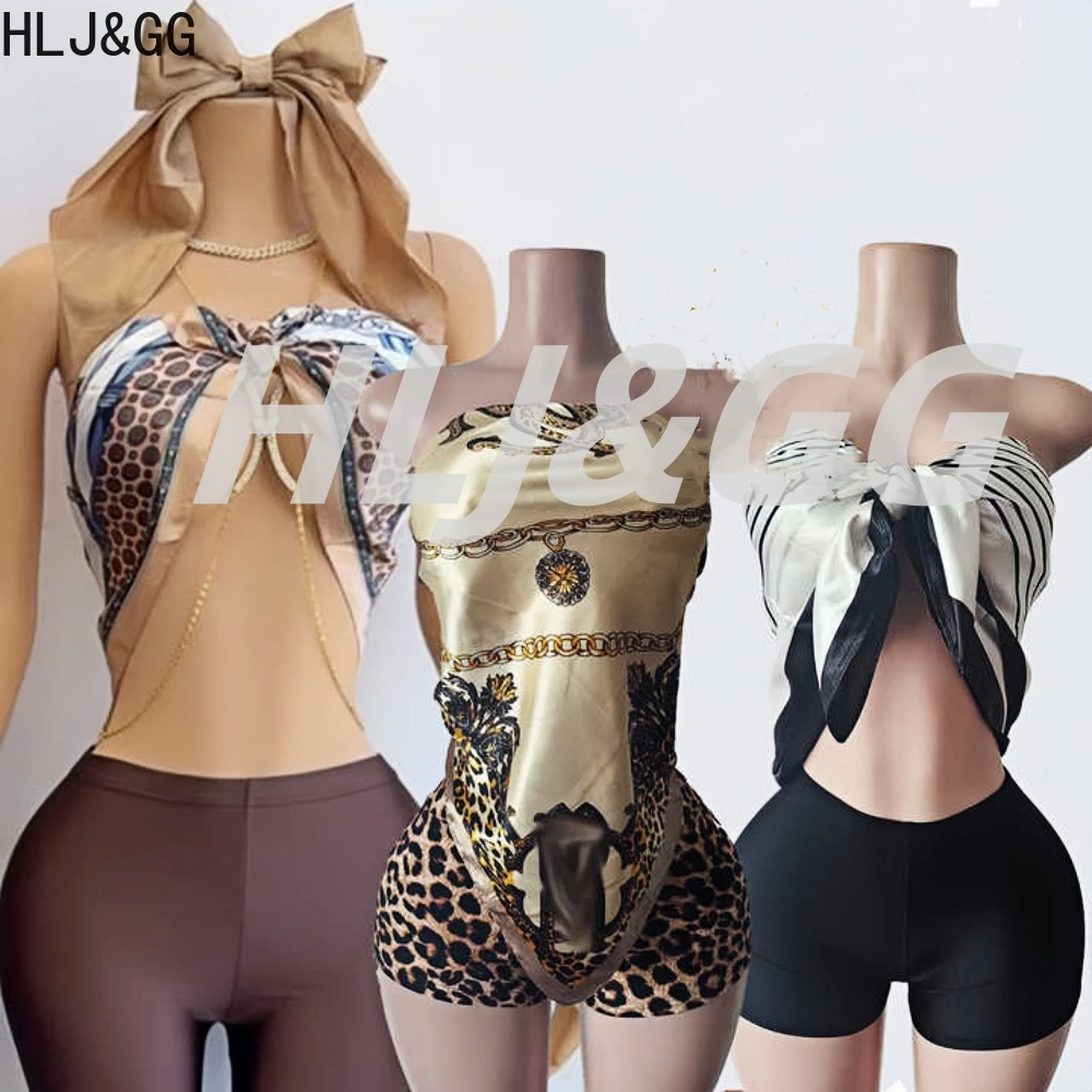 HLJ&GG Fashion Retro Print Two Piece Sets Women Off Shoulder Sleeveless Slim Crop Scarf  Top And Shorts Outfits Y2K Streetwear