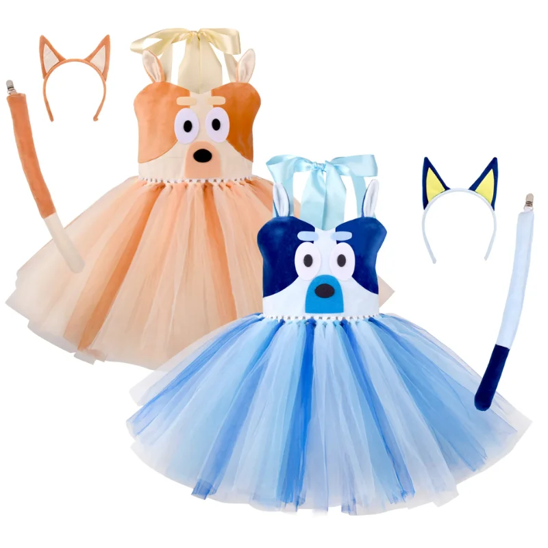 

80-150cm Anime New Bluey Mesh Princess Dress Cute Girl Birthday Party Dress Cosplay Suit Stage Performance Bingo Dog Gift