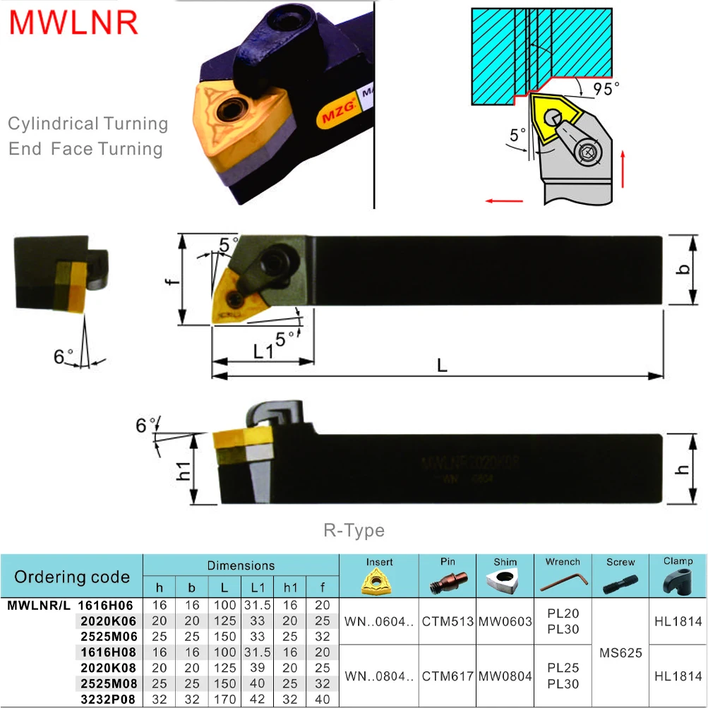 MZG MWLNR MWLNL MWLNR1616 MWLNR2020 MWLNR2525 MWLNR3232 MWLNR4040 WNMG Carbide Inserts Lathe CNC Cutting External Turning Tool