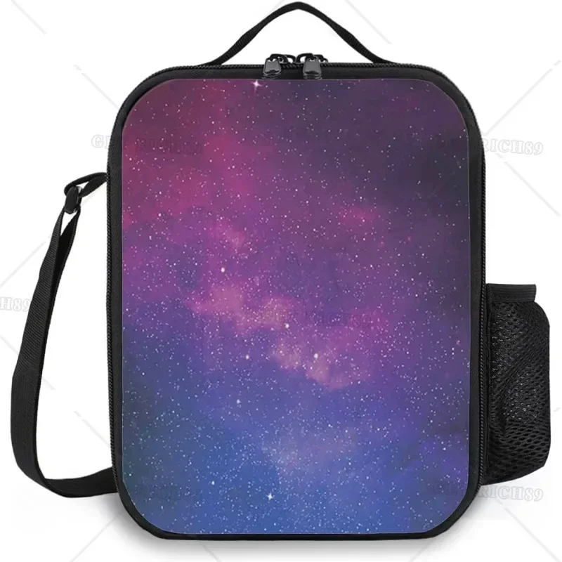 Lancheira isolada com alça de bolso para homens e mulheres, bolsa durável e reutilizável, céu noturno estrelado, espaço galáctico rosa e azul