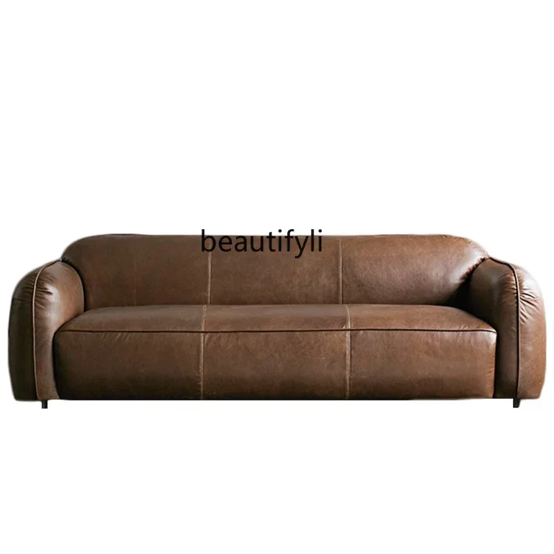 C Italian retro tofu block leather sofa designer living room soft bag straight row sofa