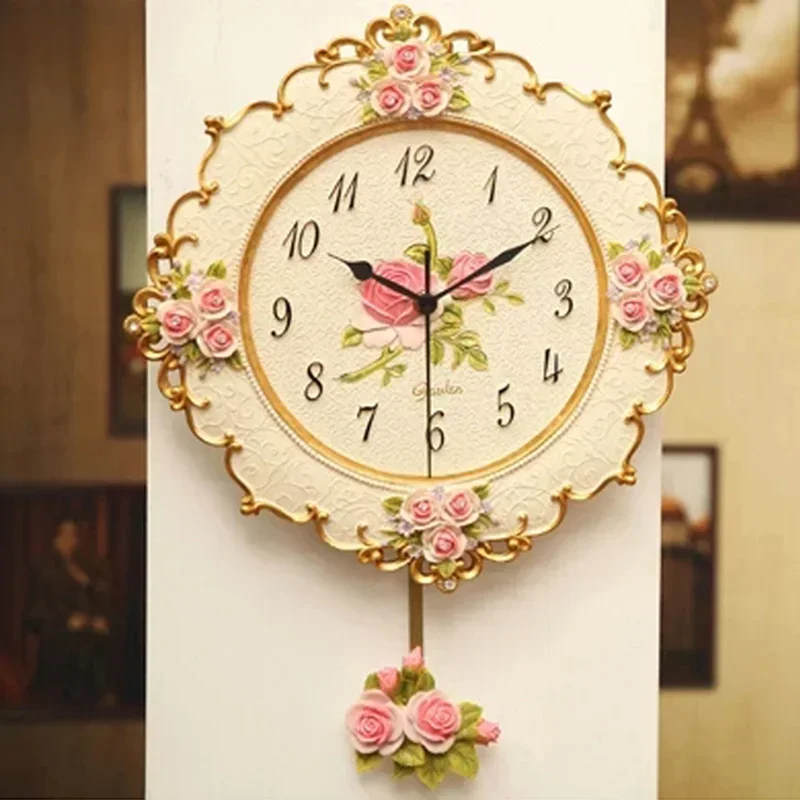 Luxury Pink Wall Clock Vintage Swing Pendulum Clock Wall Creative Living Room Bedroom Watch Silent Shabby Chic Wall Clocks Resin