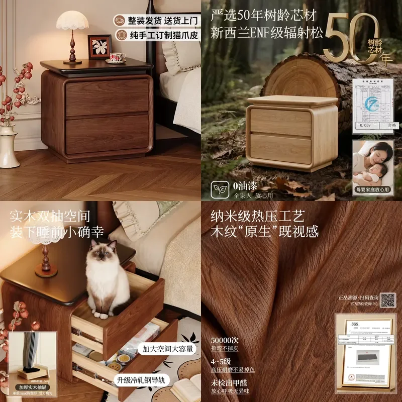 for Medieval Cream Style Simple Wooden Bedside Table New Small Household Bedroom Storage Nightstand Free Installation