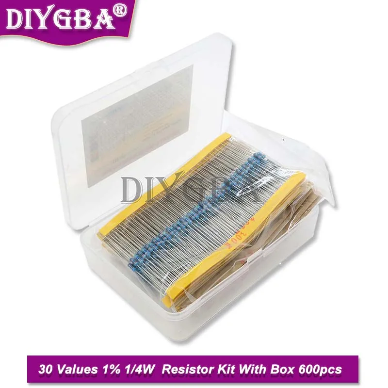 600PCS 1/4W Metal Film Resistor Kit 1% Resistor Assorted Kit Set 10~1M Ohm Hm Resistance Pack 30 Values Each 20pcs New Original