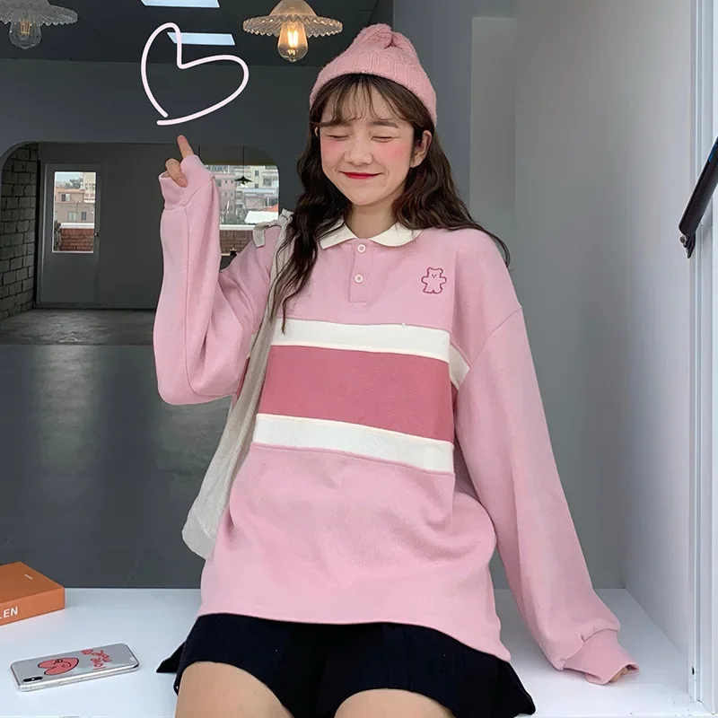 Kawaii Bear Embroidered Striped Pullovers Preppy Style Women Lapel Loose Casual Tops Sweet Japanese Spring Autumn Sweatshirts