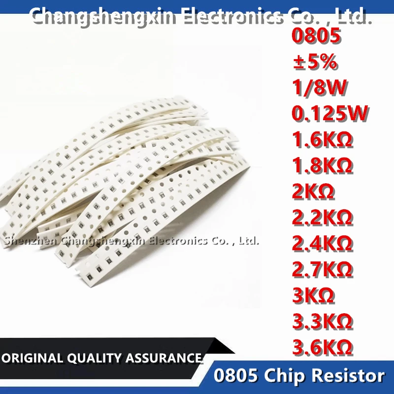 100 Stuks 0805 Smt Chip Weerstandstolerantie ± 5% 1/8W 0.125W Weerstand 1.6kΩ 1.8kΩ 2kΩ 2.2kΩ 2.4kΩ 2.4kΩ 2.7kΩ 3kΩ 3.3kΩ 3.6kohms