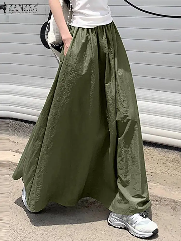 ZANZEA 2024 Summer Swing Streetwear Maxi Skirt Elastic Waist Jupes Women Umbrella Long Skirt Pocket Falda Casual Loose Oversized