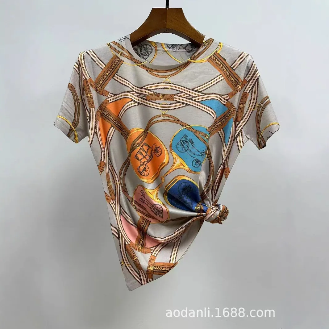 2026 Casual Short Sleeve Printed T Shirts Women Summer Clothes Vintage Style Carriage Pattern Female Tops Tee Женская Одежда
