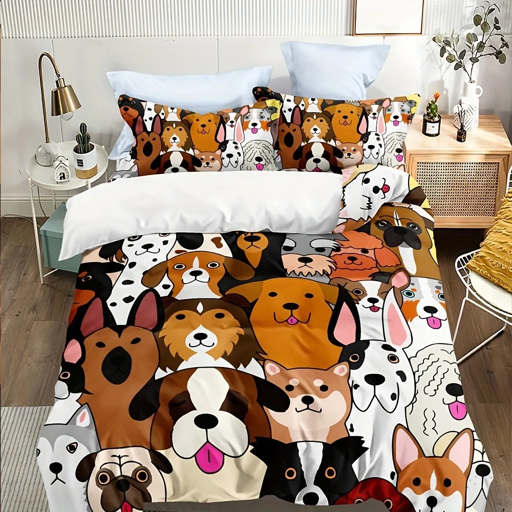 Soft and Comfortable Dog Print Duvet Cover Set for Bedroom and Guest Room - Includes 1 Duvet Cover and 2 Pillowcases