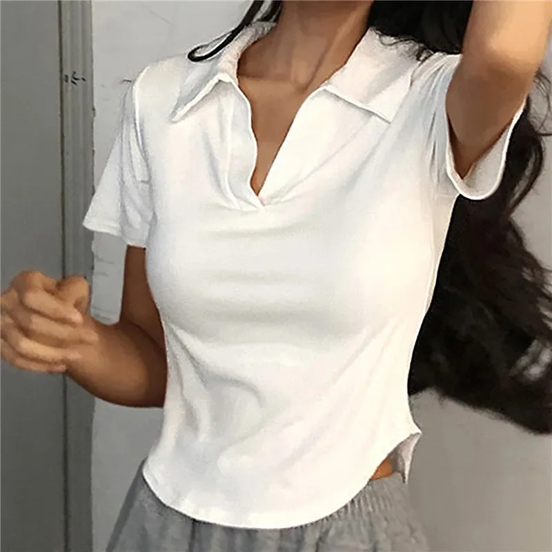 Sommer Kurzarm Revers Top Frauen Solide V-ausschnitt Pullover Retro Süße Shirts Heiße Mädchen Crop Top Weibliche Dünne Vielseitig t – Detail 10