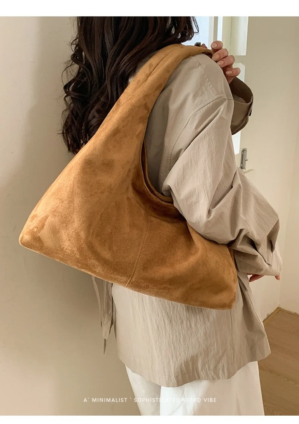 Lässige Retro-Damen-Schultertasche aus Wildleder mit großem Fassungsvermögen, einfarbige Shopper-Tasche – Detail 6