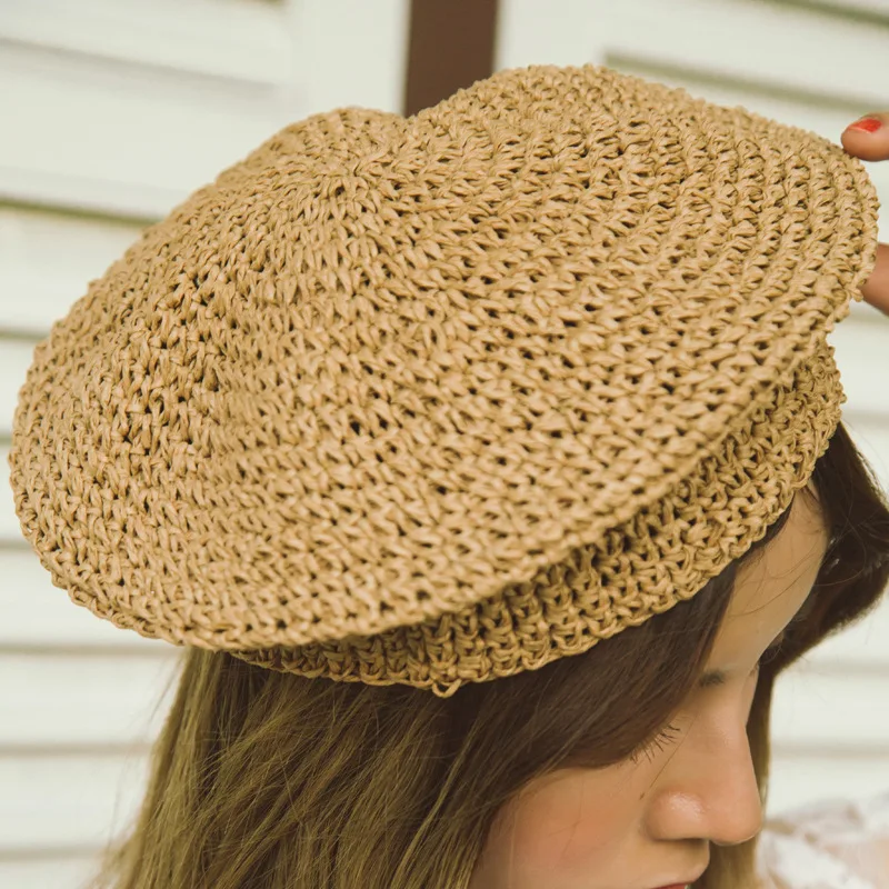 New Khaki Raffia Sun Hat Straw Women Summer Casual Elegant Ladies Beret Hat French Style Fashionable Spring Vintage Painters Hat