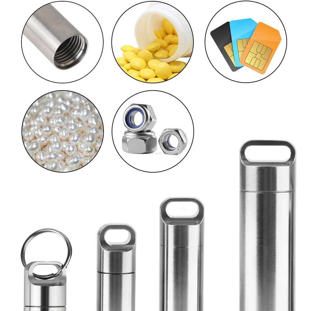 Stainless Steel S M L Pill Storage Box With Keychain Seal Rings Camping Firstaid Pendant Mini Medicine Case Waterproof Portable