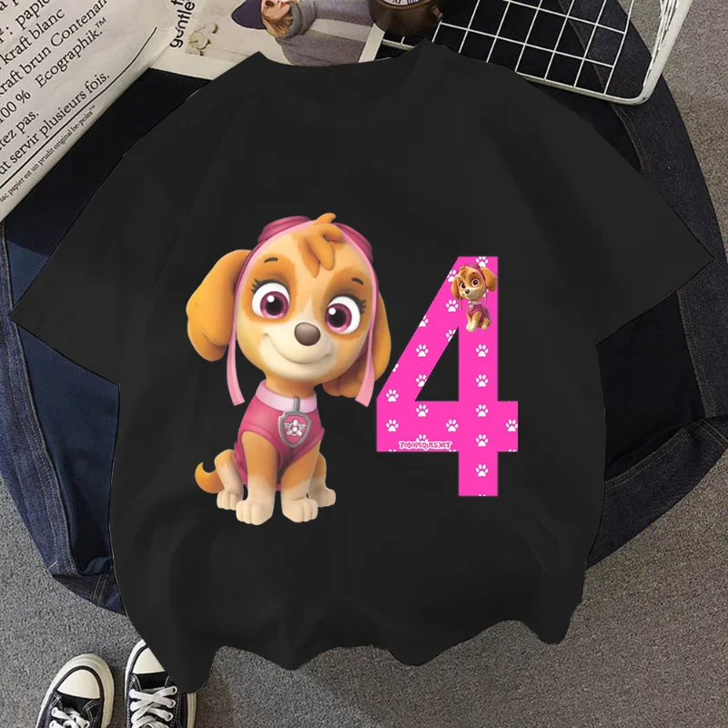 Paw Patrol Skye Puppy Dog T Shirt Happy Birthday Numbers 1-10 Years Children Girls T-shirts Summer Cute Kids Boys Clothes 2023