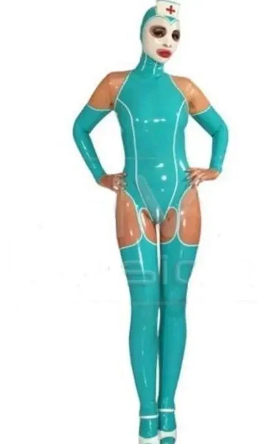 100% Latex Rubber Catsuit Light blue Hood Nursing Uniform Suit Size 0.4mm S-XXL