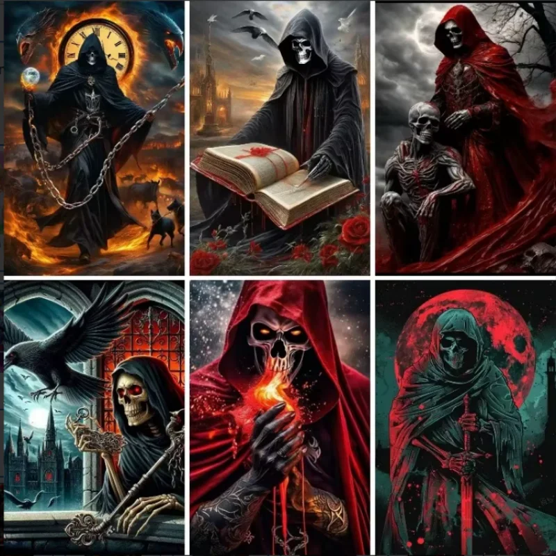Grim Reaper Skeleton Canvas Painting Gothic Dark Style Wall Art Crow Blood Moon Castle Poster Horror Demon Figure Print Home