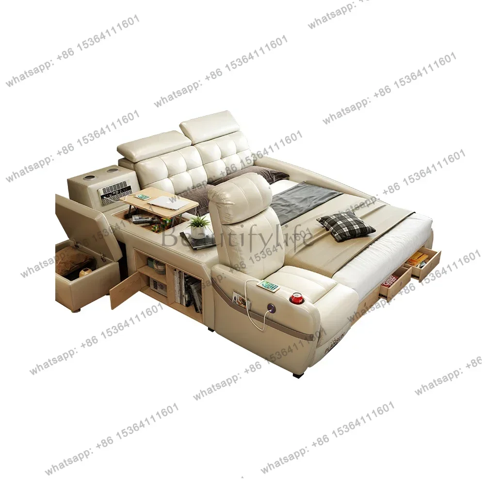 Massage Bed with Ultimate Comfort and Genuine Leather Multifunctional Frame - Bluetooth Speaker, Safe Air Cleaner, USB
