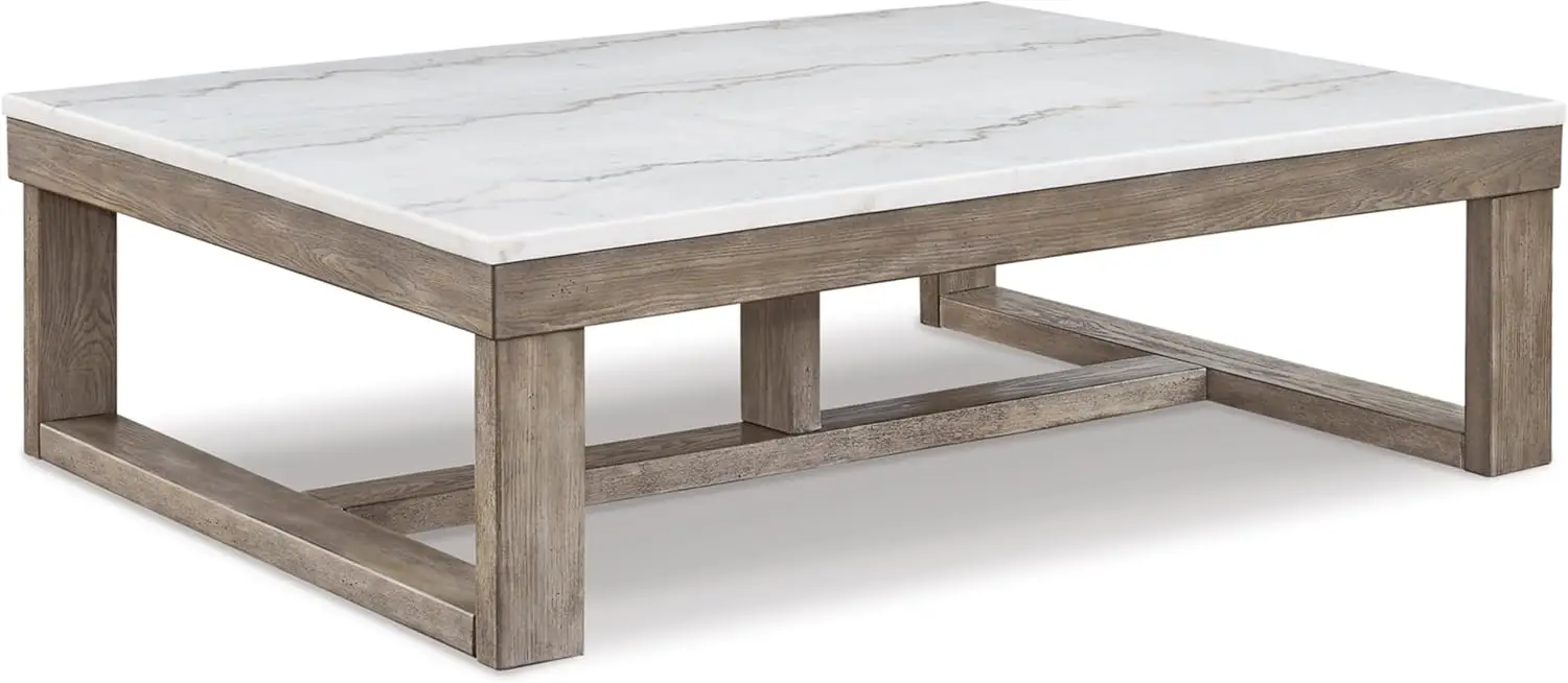 Loyaska Casual Cocktail Table With Natural Marble Top, White & Light Gray