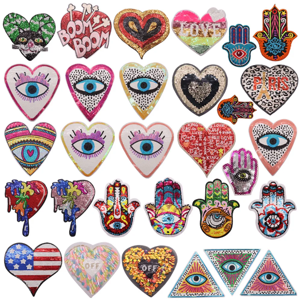 1pcs Big Size Colorful Heart Cat Love Hand Eyes Triangle Sequins Embroidery Repair Patches Bag Jacket Jeans Cartoon Iron On