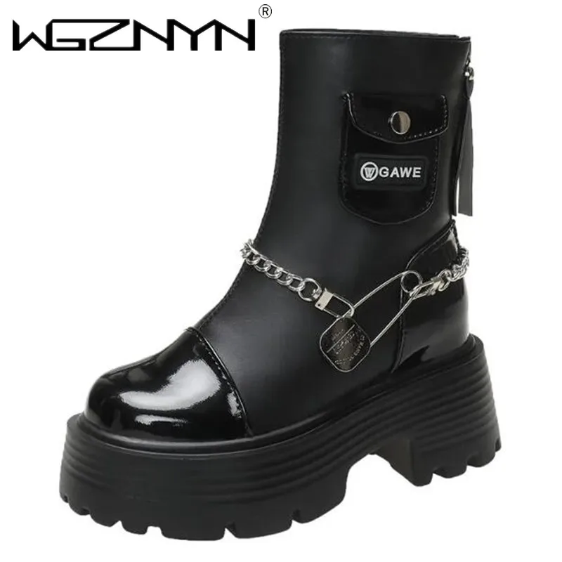 9CM Chunky High Heels Ankle Boots Women New 2024 Winter Platform Motorcycle Boots Woman Zipper Non Slip PU Leather Botas Mujer