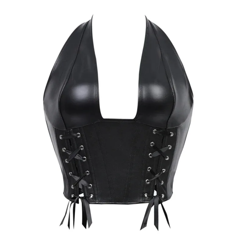 

Черный корсет из искусственной кожи, укороченный топ, женский ретро-панк, без рукавов, с глубоким v-образным вырезом, бретелька с лямкой на шее, сексуальная клубная одежда с открытой спиной, праздничная одежда