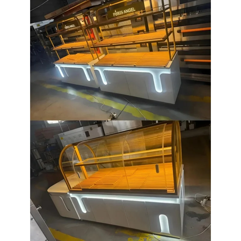 custom.Bakery Display Stand MB-276 LED Lighting Golden Yellow Varnished Glass Back Heavy-Duty Cubical Ladder