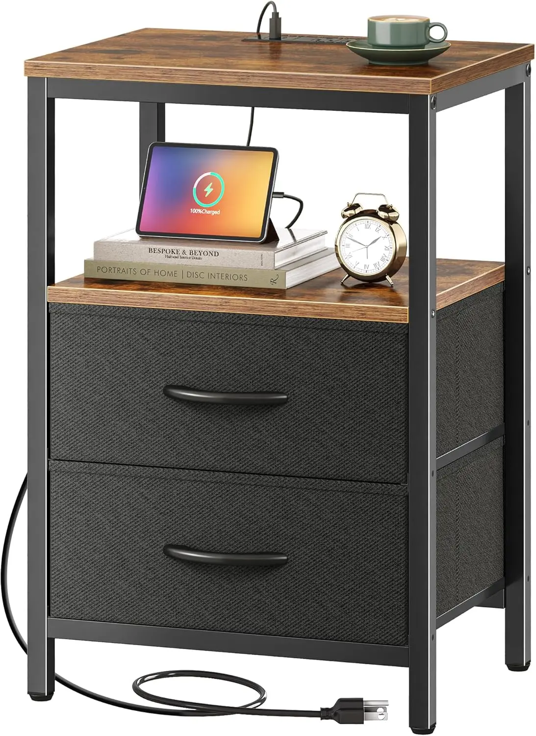 

Nightstand with Charging Station, Side Table with Fabric Drawers, End Table with Open Shelf, Bedside Table