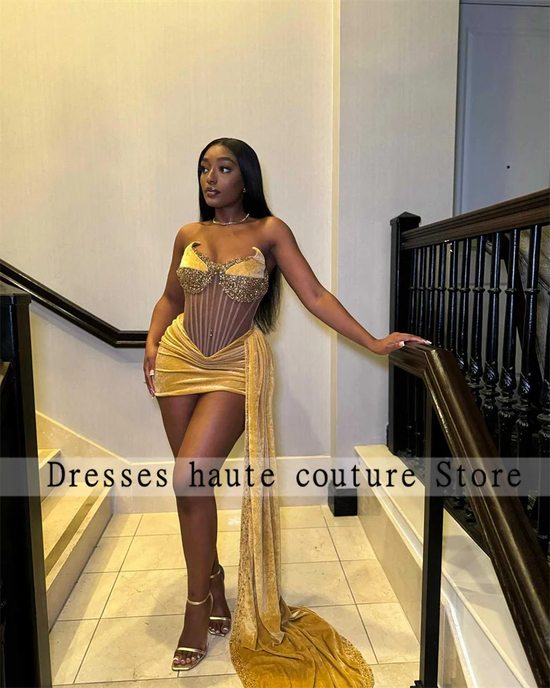 

Gold Velvet Beaded Sweetheart Short Prom Dress For Black Girls 2025 With Train Customized Cocktail Dresses Birthday Party Dress