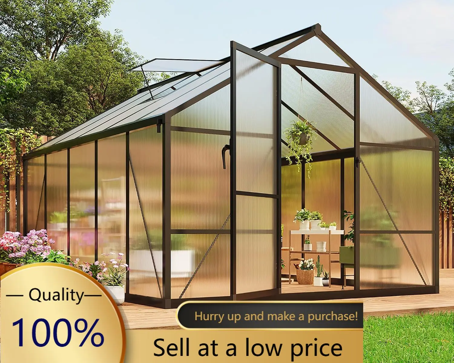 8 X 10 FT Greenhouse, Outdoor Greenhouses, Polycarbonate Panels with Aluminum Frame, Adjustable Roof Vent and Lockable Door, Gre