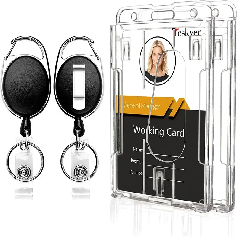 1Set Working Permit Case Badge Holder with Badge Reel Transparent ID Tag Employee's Pass Work Card Cover Sleeve Keychain Clip