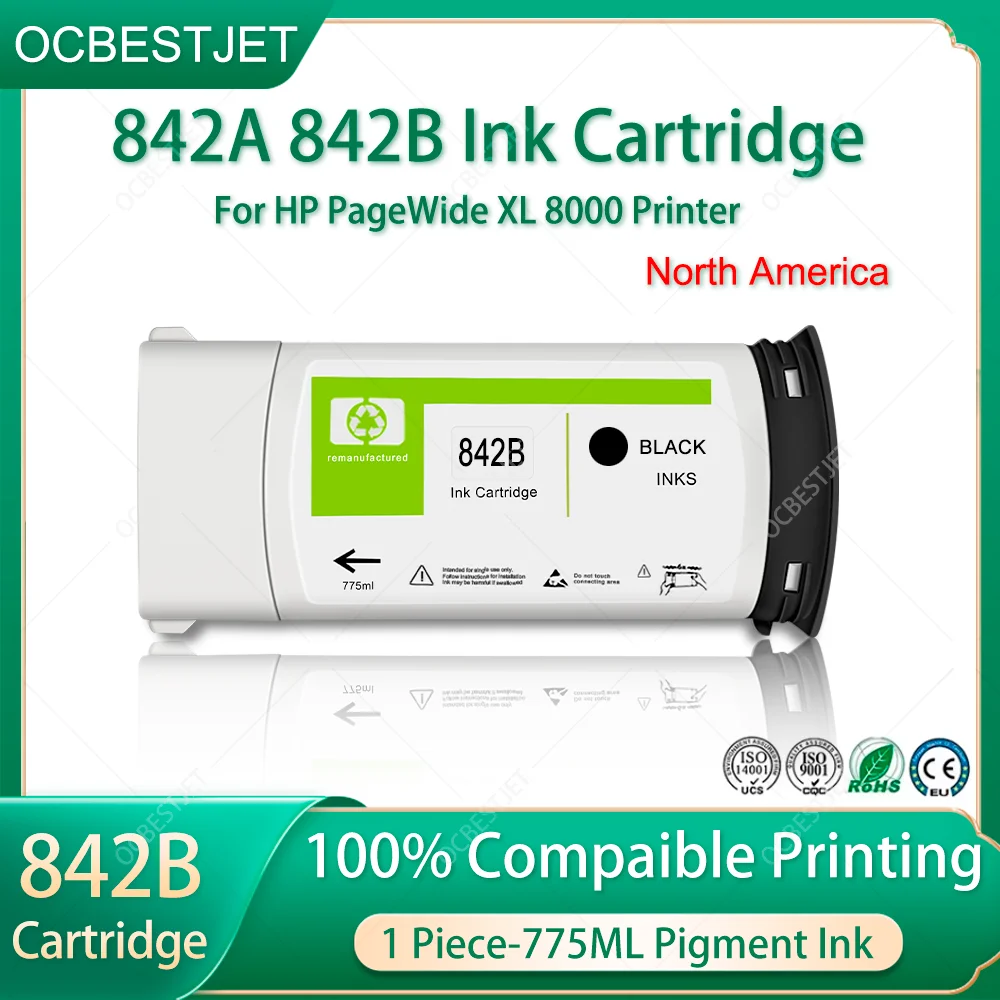 For HP 842B 842A Compatible Ink Cartridge For HP PageWide XL 8000 Printer Full Pigment Ink Stable One time Chip 775ml/PC