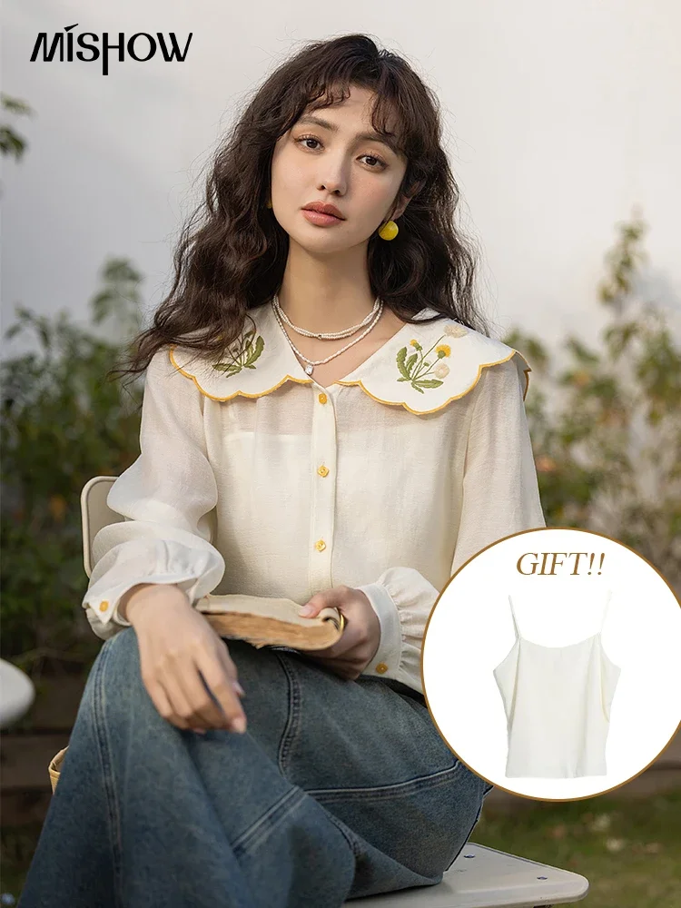 

MISHOW Embroidery Women's Shirt Spring Korean Peter Pan Collar Blouse Single Breasted Female Tops with Camisole MXC12C0752