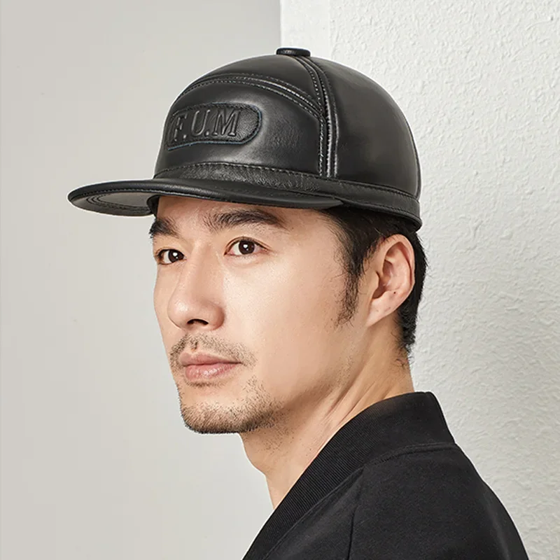 

Genuine Leather Baseball Caps For Men Earflaps Winter Warm Cowhide Golf Peaked Dome Hats Male Letters 55-59cm Adjustable