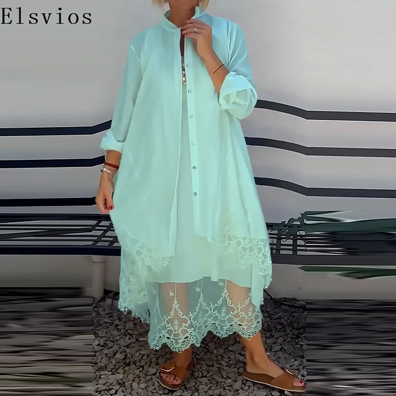 

2025 Solid Loose Outfit New Summer Chic Stand Collar Long Sleeve Blouse&Tank Dresses Set Women Elegant Embroidery Lace Two Piece