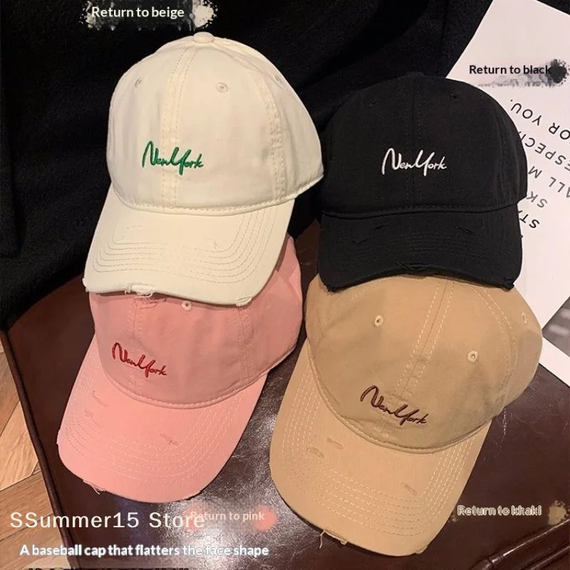 【R】Distressed Perforated Duckbill Cap Cotton Baseball Cap Embroidery Adjustable Deep Fit Baseball Cap For Big Head Daily Hiking