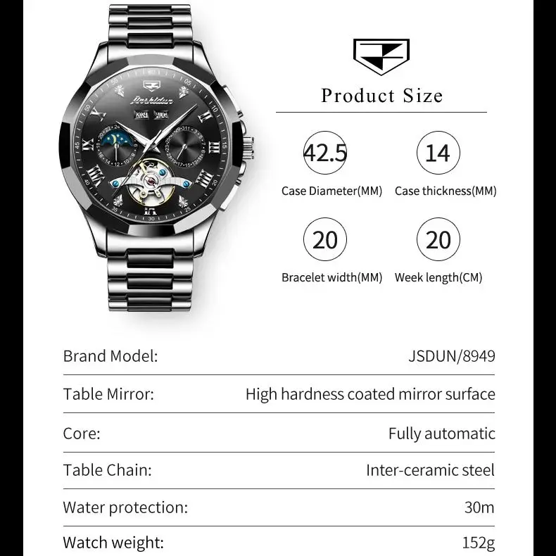 JSDUN 8949 High Quality Men\'s Watches Flywheel Design Ceramic Band Waterproof Multifunctional Automatic Mechanical Watch for Men