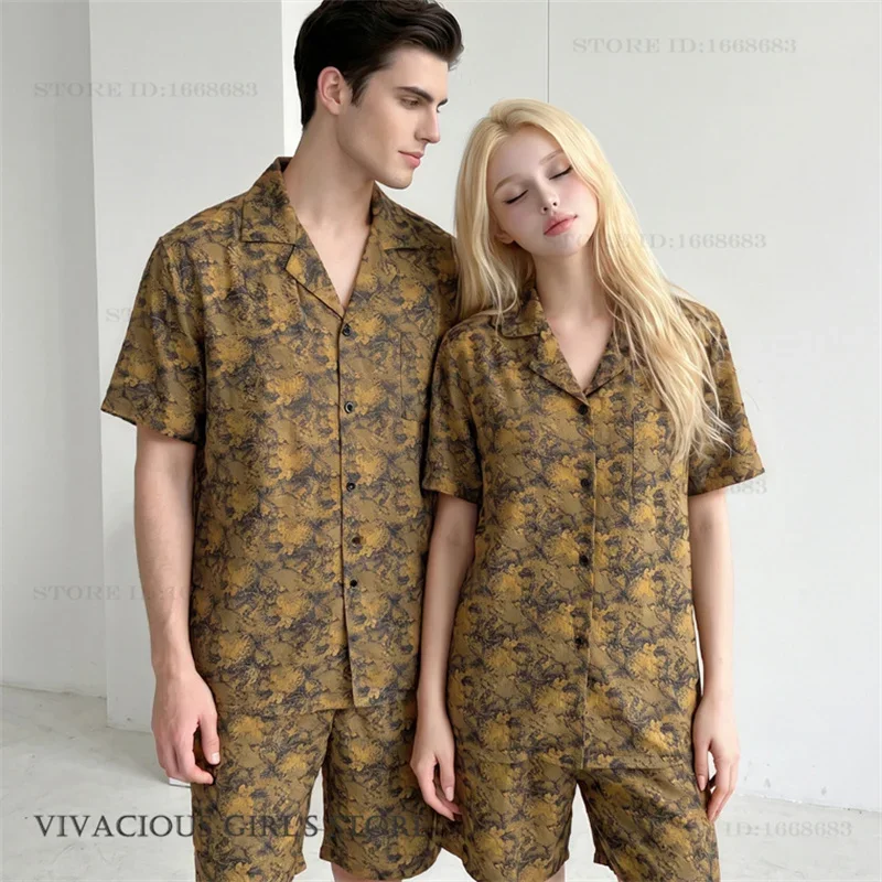 New Couple Sleepwear Pajamas Set Spring Summer Printded Short Sleeve Pijamas Suit Loungewear Loose Casual Ice Silk Home Clothes
