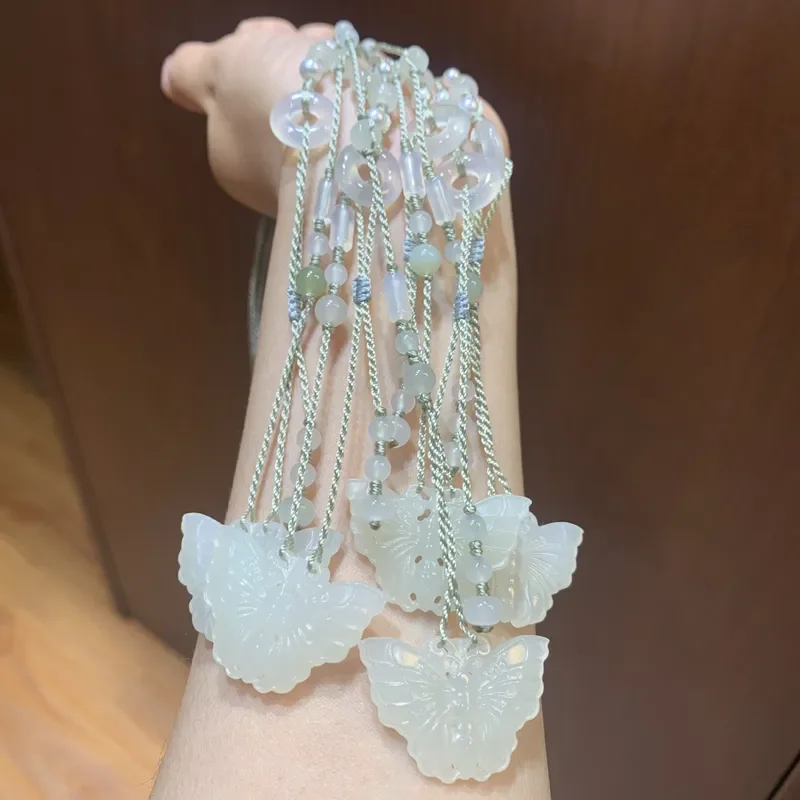 Hetian jade necklace butterfly handmade braided rope with Hetian jade accessories niche Mori small fresh neck chain