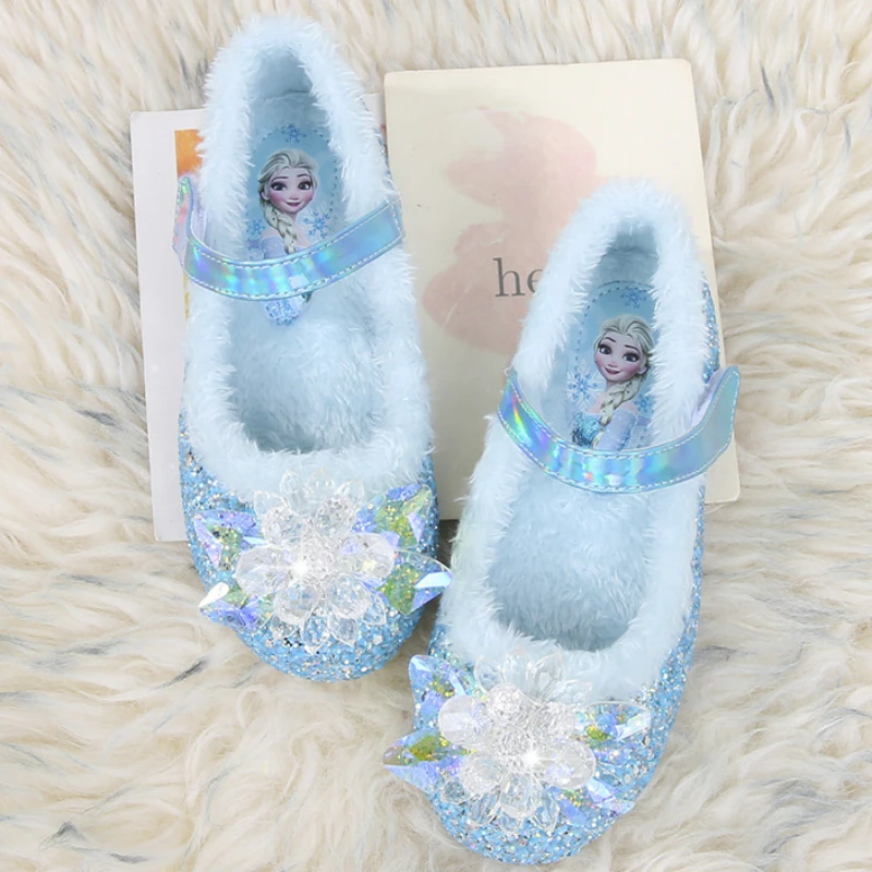 Disney Girls\' Plush Slippers Frozen Cute Children\'s Princess Elsa Winter Cotton Slippers Baby Snow Home Pink Blue Shoes Size 23