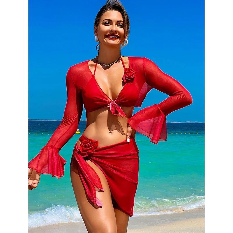 Neues vierteiliges Bikini-Set für Damen, sexy geteilter Badeanzug mit Sonnenschutz, Vertuschung, Strandmode, modische Badebekleidung für den Sommerurlaub