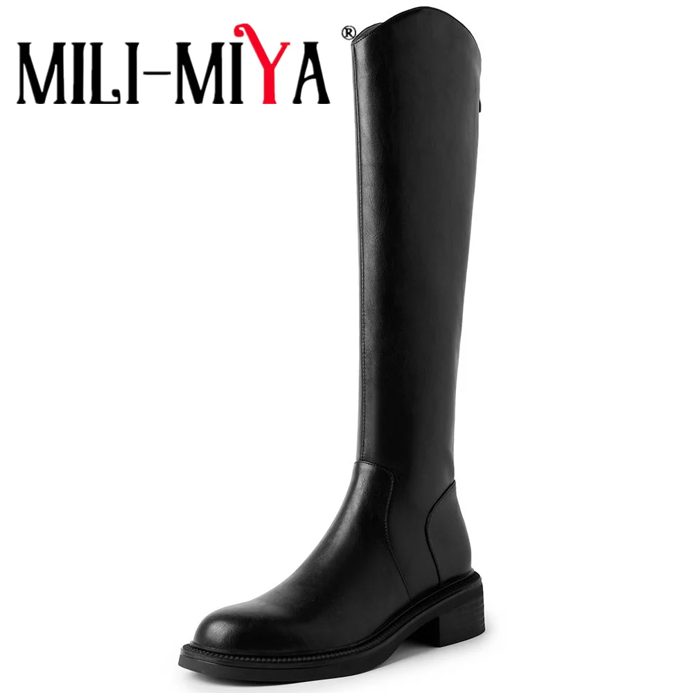 

MILI-MIYA Fashion Round Toe Women Cow Leather Splicing Knee High Boots Low Thick Heels Zippers Solid Color Big Size 34-40 Handma