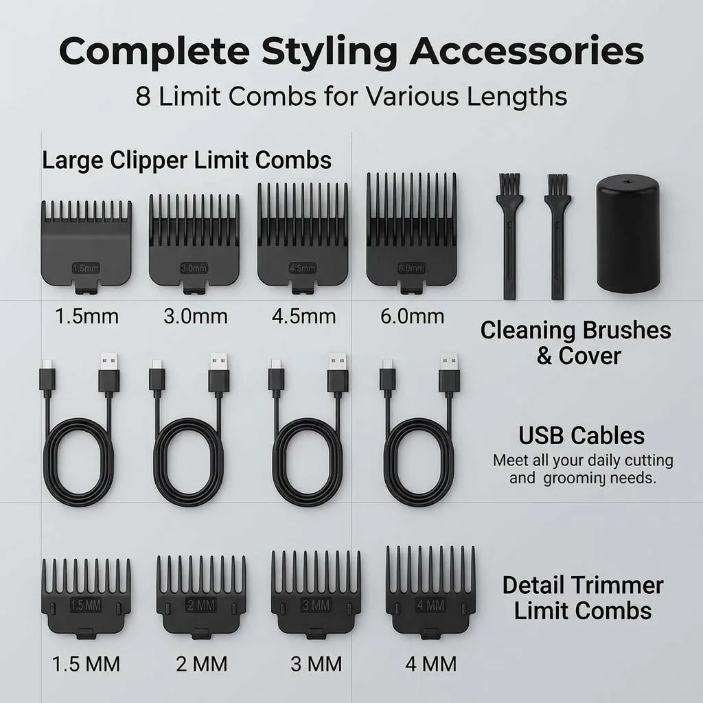 4 in 1 Men's Hair Clipper Set, Cordless Electric Trimmer, Foil Shaver & Nose Trimmer Kit,Beard Cutter, USB Rechargeable Grooming Kit with LED Display, Multiple Guide comb view 4