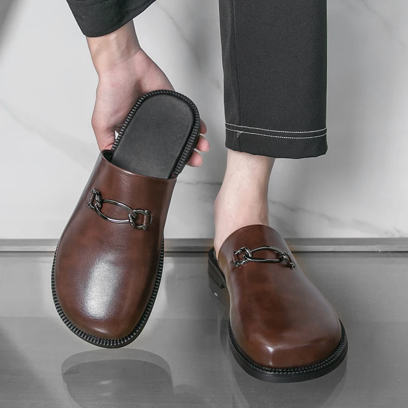 

Retro Men Half-drag Leather Shoes Black Brown Men Casual Comfortable Versatile Fashionable Slippers Sizes 38-46 Men Slippers