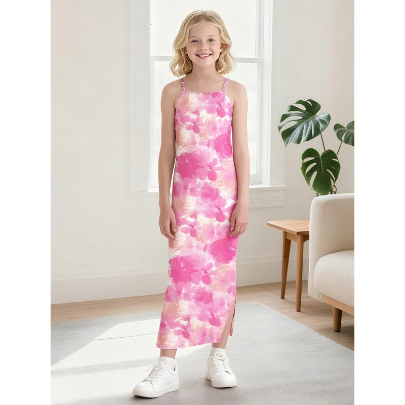 2025 Summer Design! Girls' Sling Slit Long Dress, Pink Floral Print Fashion Children's Clothing