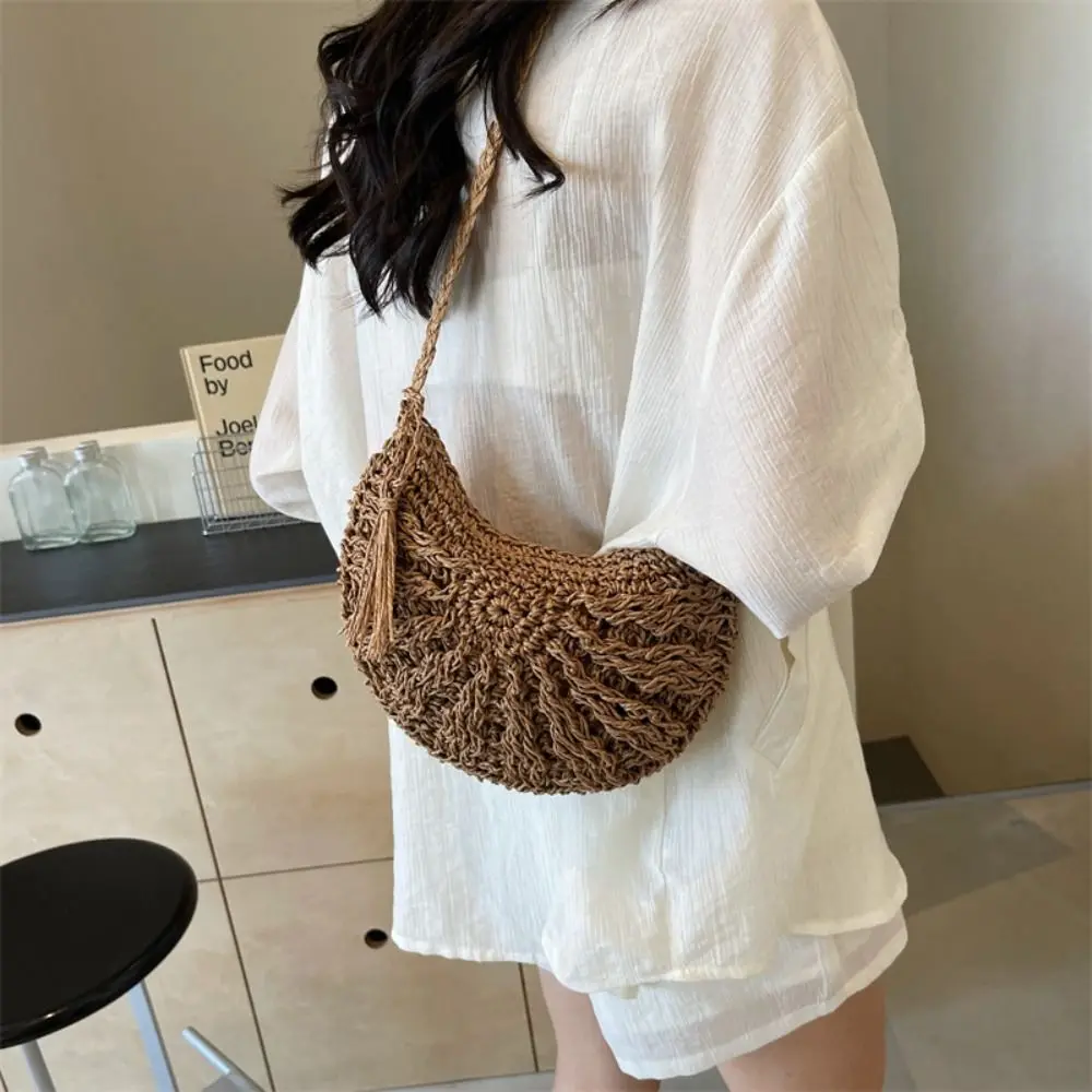 

Новая полукруглая сумка из соломенной ткани в стиле бохо, тканая сумка ручной работы с полой кисточкой, женская сумка через плечо, дорожная сумка